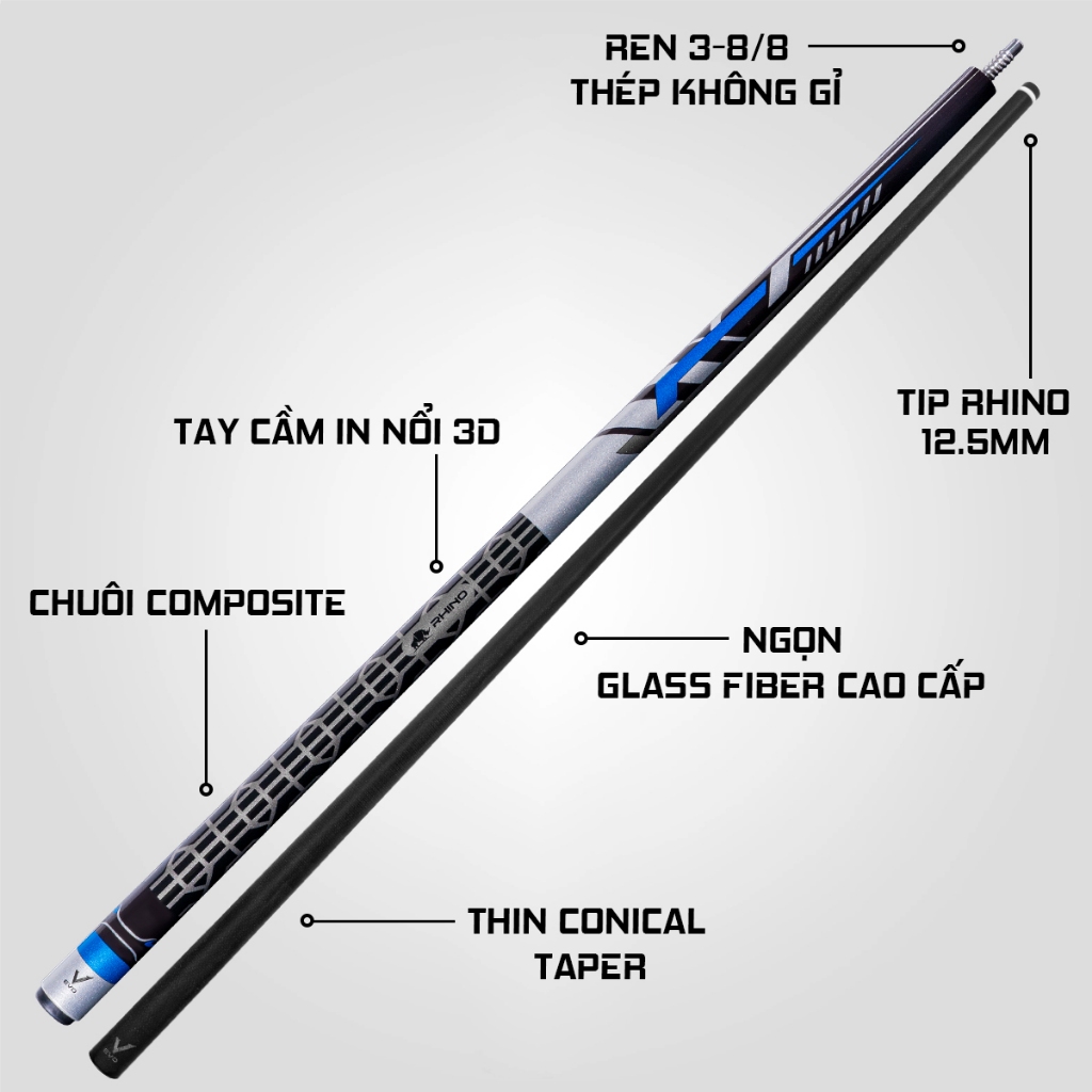 Ảnh Gậy Bida Lỗ Rhino EVO Racing - Velocity Blue - Ngọn Sợi Thủy Tinh - Chính Hãng 3