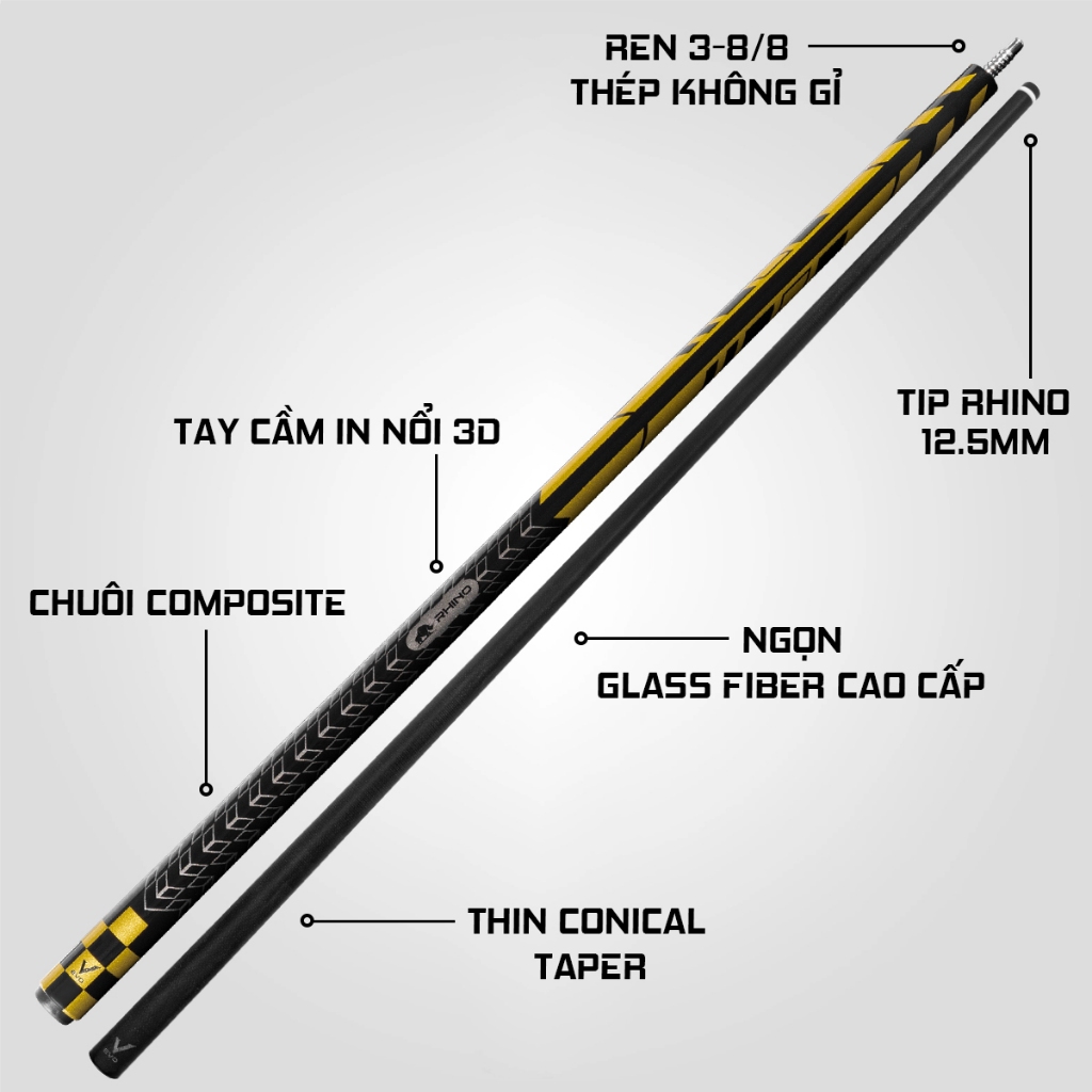 Ảnh Gậy Bida Lỗ Rhino EVO Racing - Yellow Fury - Ngọn Sợi Thủy Tinh - Chính Hãng 3