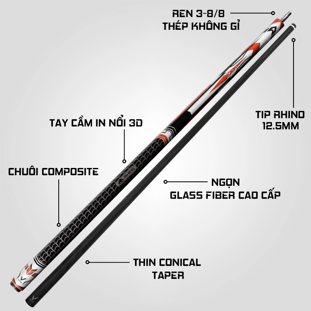 Ảnh Gậy Bida Lỗ Rhino EVO Racing - Red Race - Ngọn Sợi Thủy Tinh - Chính Hãng 3