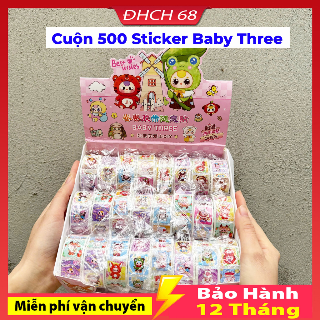Cuộn 500 sticker baby three, hình dán khen thưởng hoạt hình ngộ nghĩnh ...