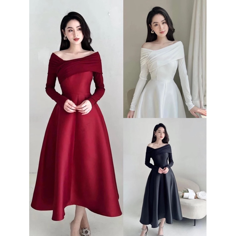( Hình thật 100% ) Đầm thiết kế dự tiệc nữ tay dài trễ vai hai lớp sang trọng tôn giáng thanh lịch pusu  house