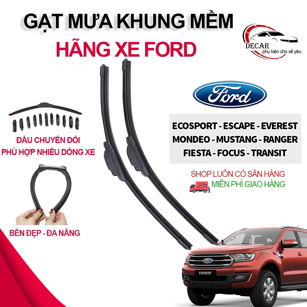Gạt mưa khung mềm lưỡi silicon xe Ford Ranger,Focus,Everest,Ecosport,Fiesta,Transit,Explore chổi cần gạt mưa không xương