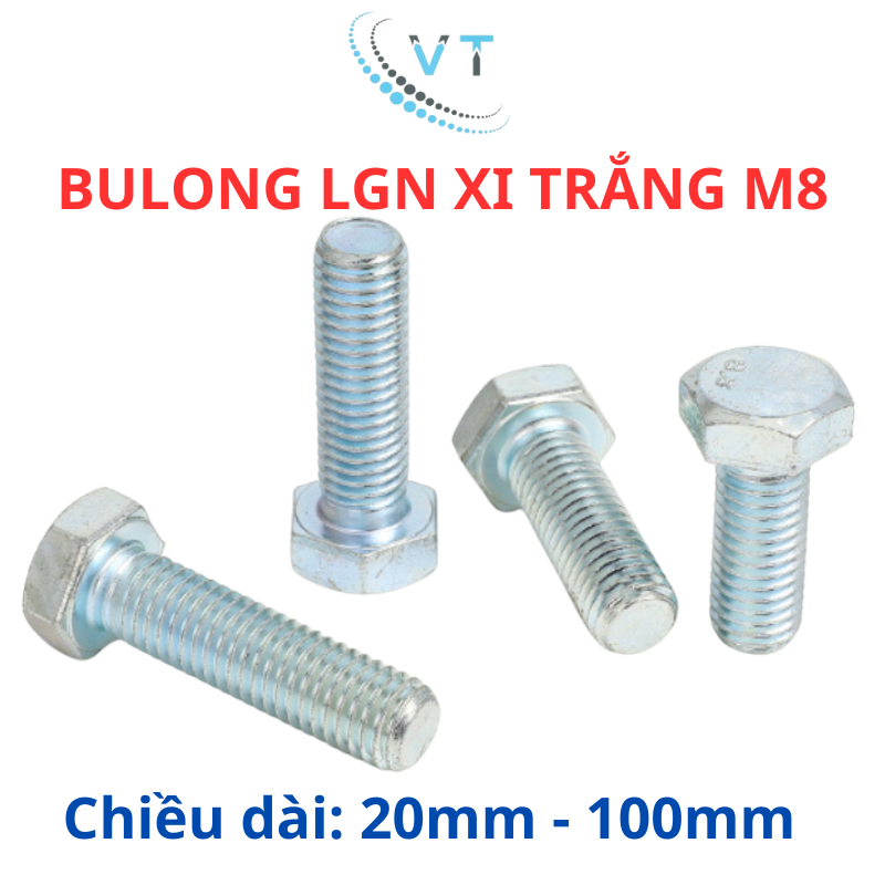 Bulong Đầu Lục Giác Size M8 (8 Li) Thép Mạ Kẽm đủ các size 20mm-100mm (túi 20 con)