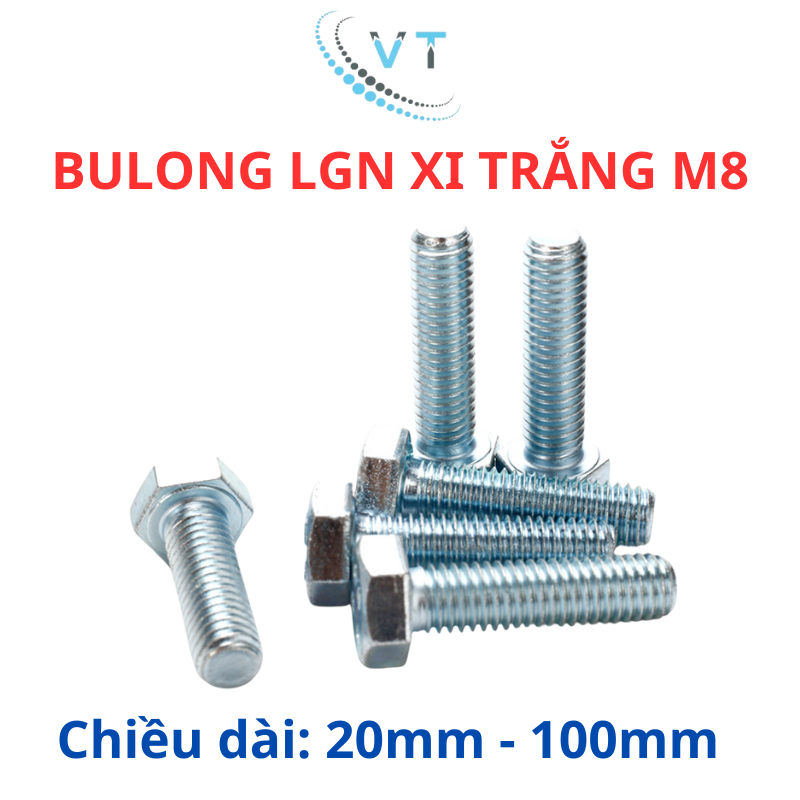 Combo 10 con bulong xi trắng lục giác 8ly (M8) nhiều size (túi 10 con)