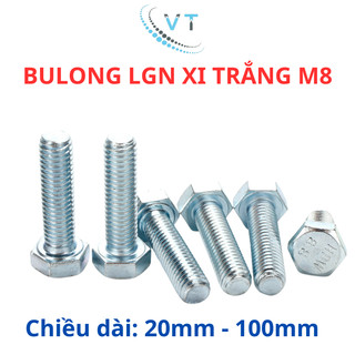 Combo 10 bộ bulong + tán lục giác 8ly (M8) nhiều size 20-100mm (túi 10 con bulong + tán)
