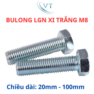 Combo 10 bộ bulong + tán lục giác 8ly (M8) nhiều size 20-100mm (túi 10 con bulong + tán)