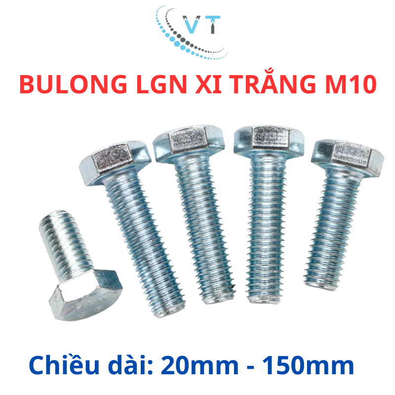 Combo 10 bộ bulong tán M10 ,bulong tán bộ M10 mạ kẽm xi trắng đủ size (20-150mm)