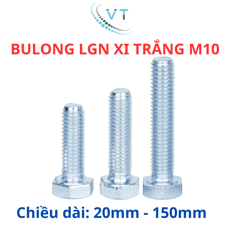 Bộ bulong + con tán mạ kẽm M10 (10 li) dài từ 20mm - 150mm (túi 25 bộ)