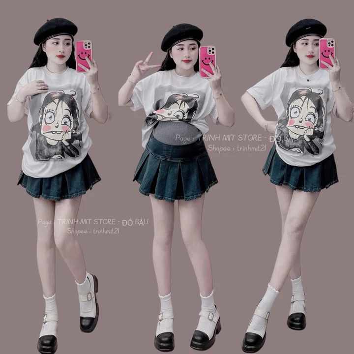 (TRINH MIT)CHÂN VÁY JEAN BẦU - Chân Váy Bò Xếp Li Bầu 076