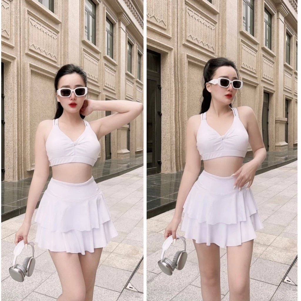 Bộ thể thao nữ,Váy hai tầng ,Áo bra đan dây tập pickleball, gym, yoga, aerobic, tặng mút...
