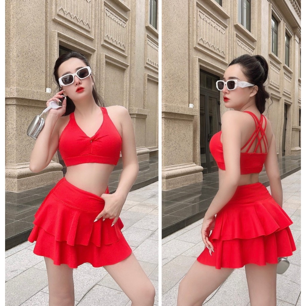 Bộ thể thao nữ,Váy hai tầng ,Áo bra đan dây tập pickleball, gym, yoga, aerobic, tặng mút...