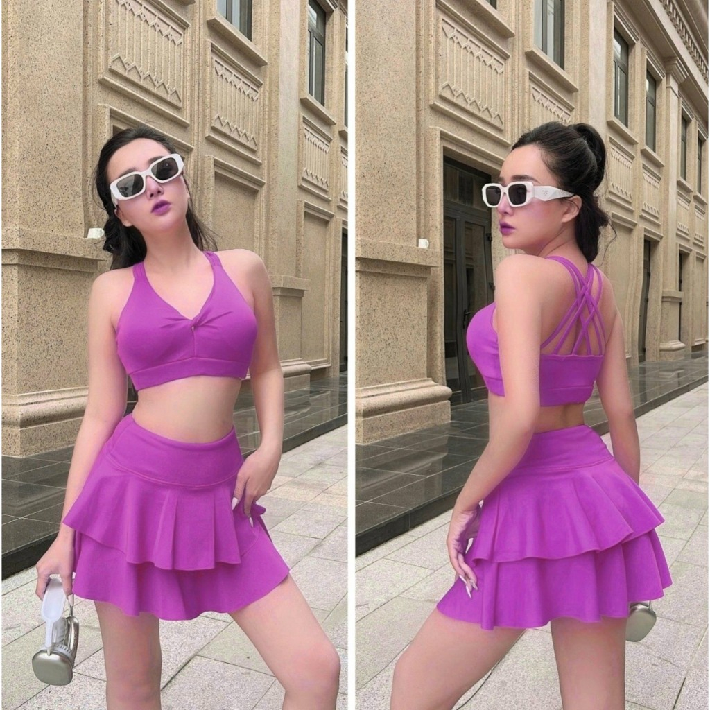 Bộ thể thao nữ,Váy hai tầng ,Áo bra đan dây tập pickleball, gym, yoga, aerobic, tặng mút...