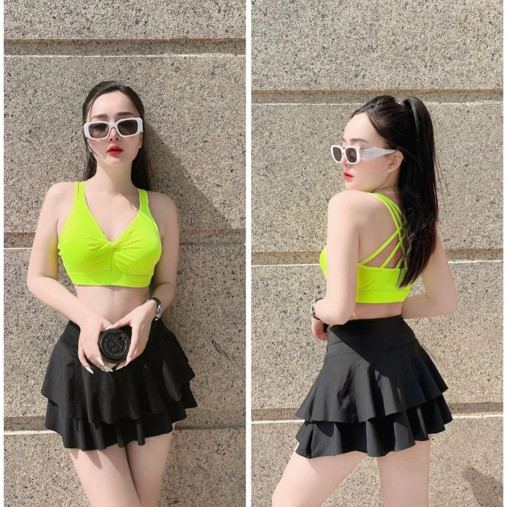 Bộ thể thao nữ,Váy hai tầng ,Áo bra đan dây tập pickleball, gym, yoga, aerobic, tặng mút...