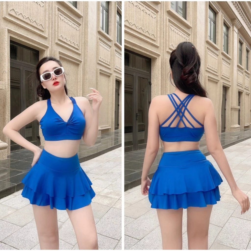 Bộ thể thao nữ,Váy hai tầng ,Áo bra đan dây tập pickleball, gym, yoga, aerobic, tặng mút...