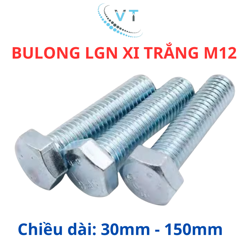 Combo 10 bulong mạ kẽm 8.8 size M12 đầu lục giác ngoài đủ size từ 30mm - 150mm