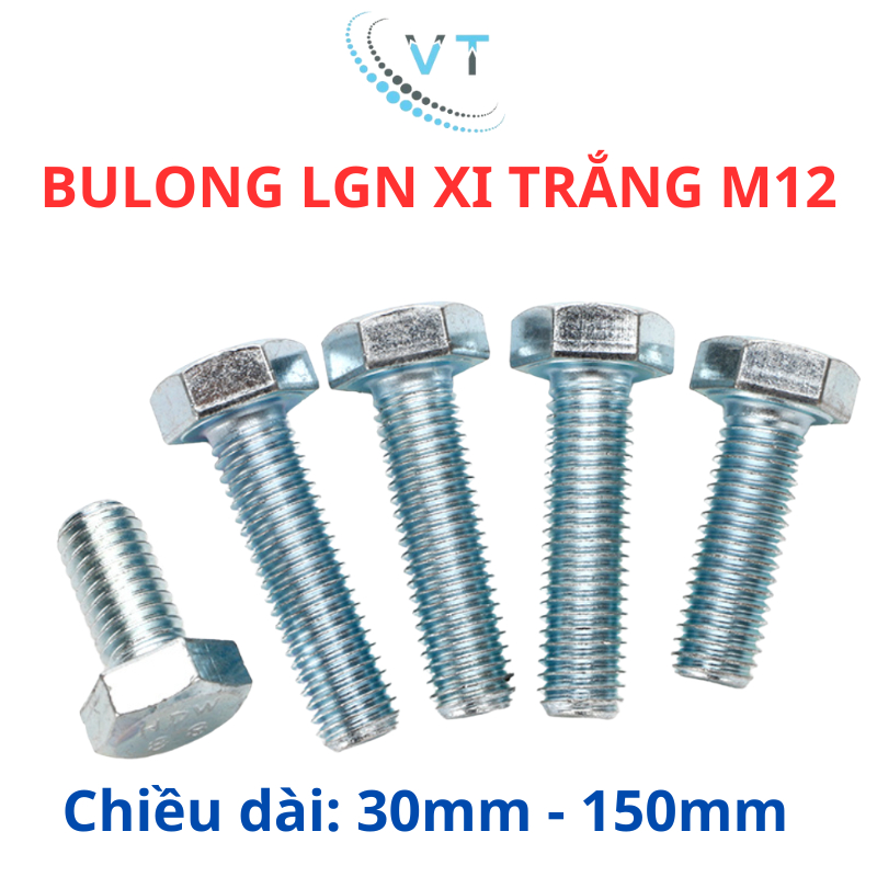 Set 10 bộ bulong + con tán mạ kẽm M12 (12 li) dài 30mm - 150mm