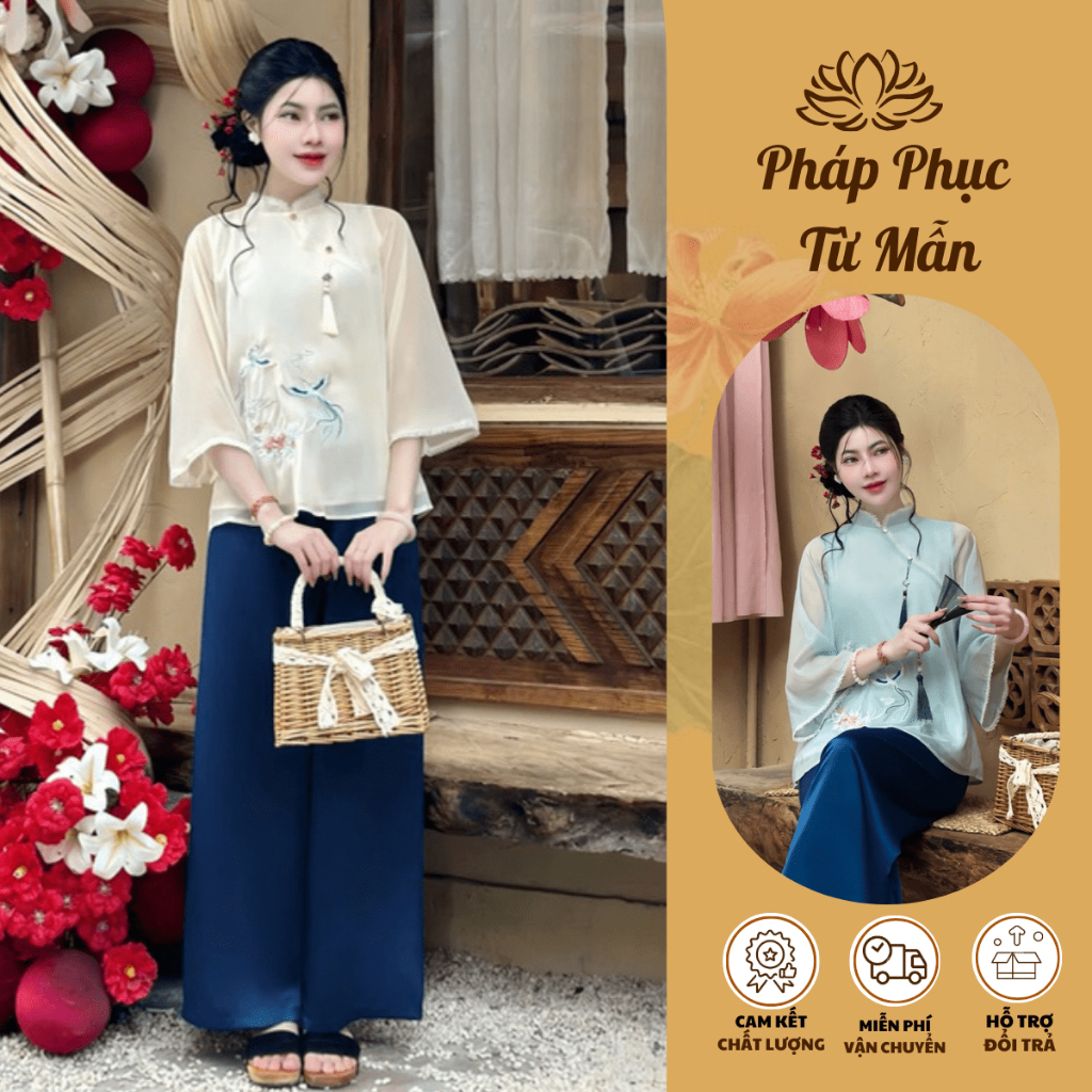 Pháp phục đi chùa cổ tàu phối ren voan tơ 2 lớp Bộ đi chùa tiểu thư tay lỡ thêu hoa Đồ lam cách tân mêm mát