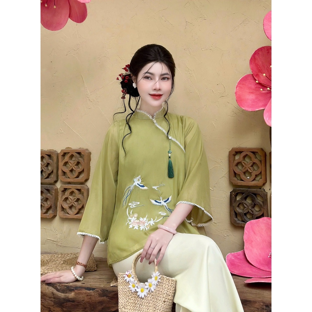 Pháp phục đi chùa cổ tàu phối ren voan tơ 2 lớp Bộ đi chùa tiểu thư tay lỡ thêu hoa Đồ lam cách tân mêm mát