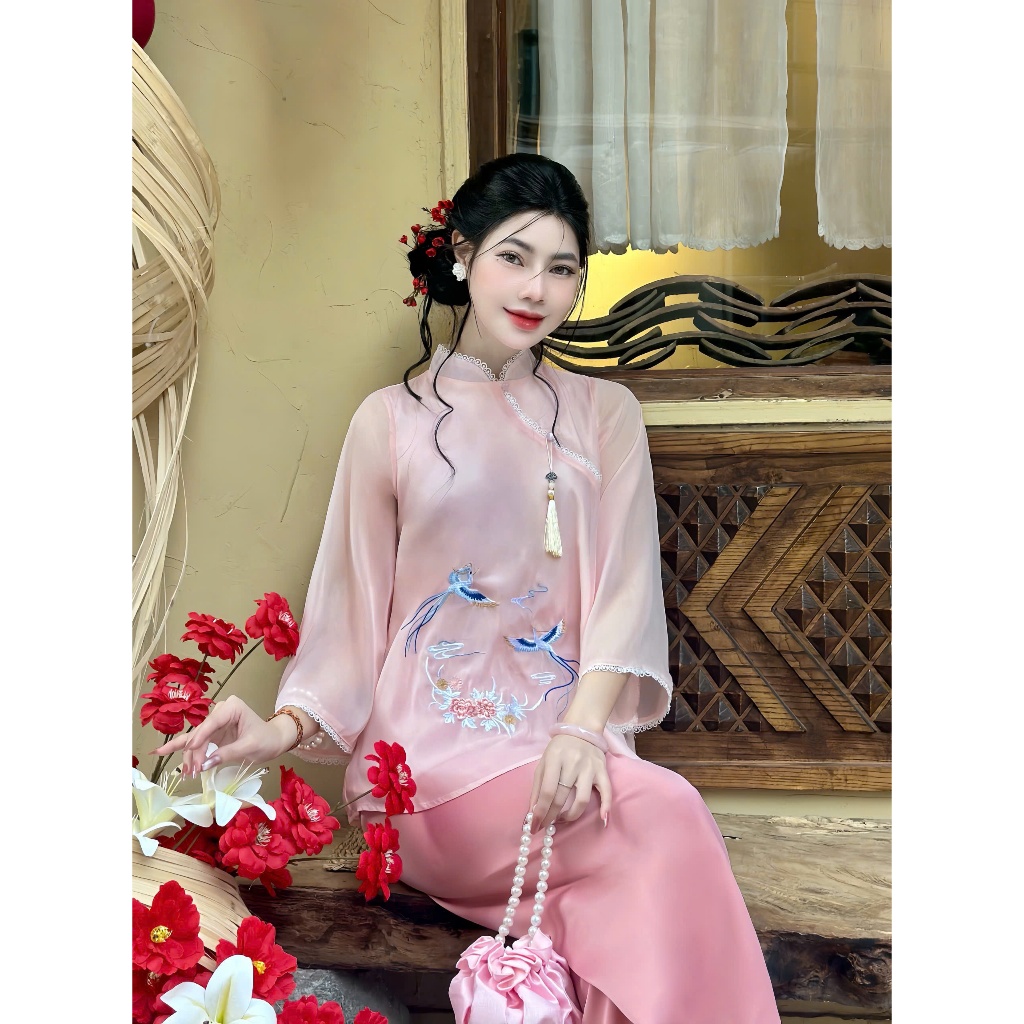 Pháp phục đi chùa cổ tàu phối ren voan tơ 2 lớp Bộ đi chùa tiểu thư tay lỡ thêu hoa Đồ lam cách tân mêm mát