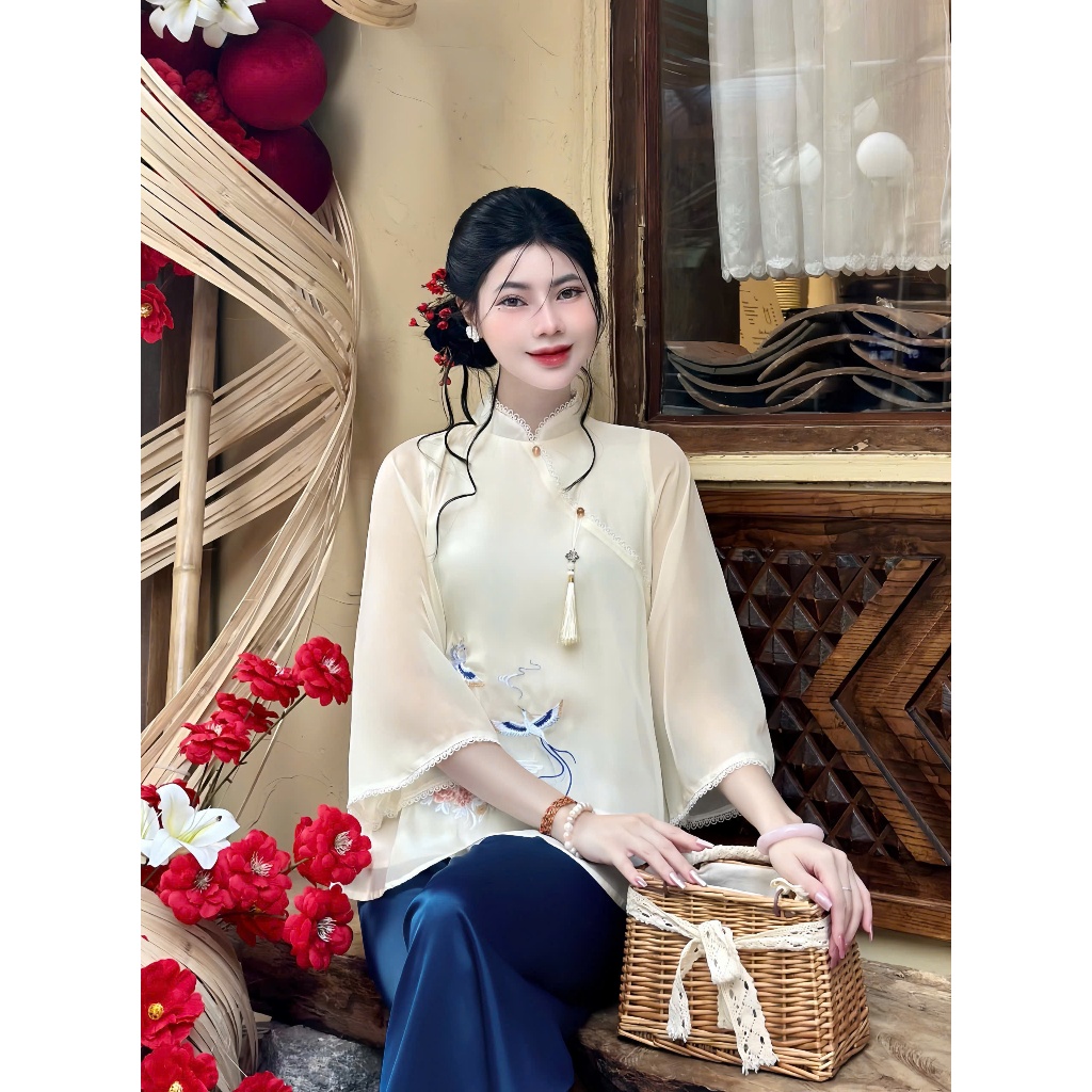Pháp phục đi chùa cổ tàu phối ren voan tơ 2 lớp Bộ đi chùa tiểu thư tay lỡ thêu hoa Đồ lam cách tân mêm mát