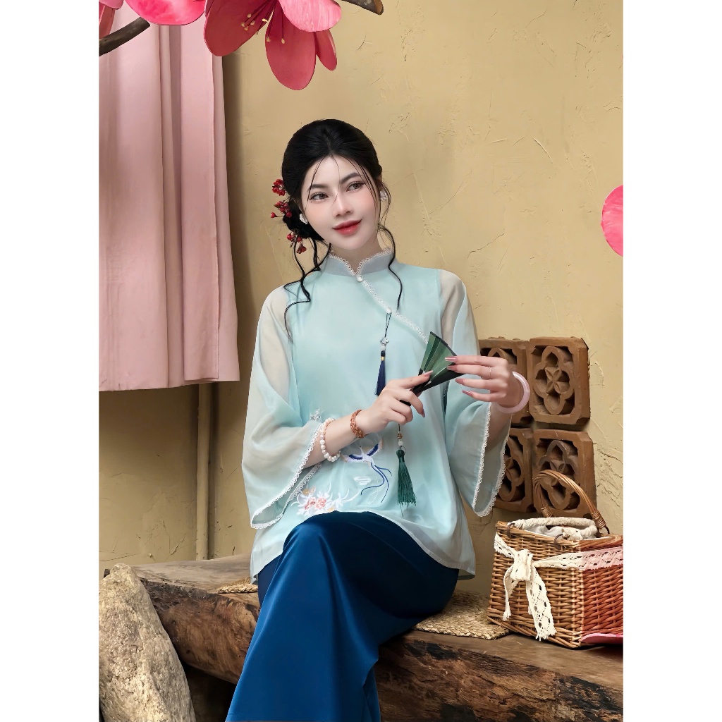 Pháp phục đi chùa cổ tàu phối ren voan tơ 2 lớp Bộ đi chùa tiểu thư tay lỡ thêu hoa Đồ lam cách tân mêm mát