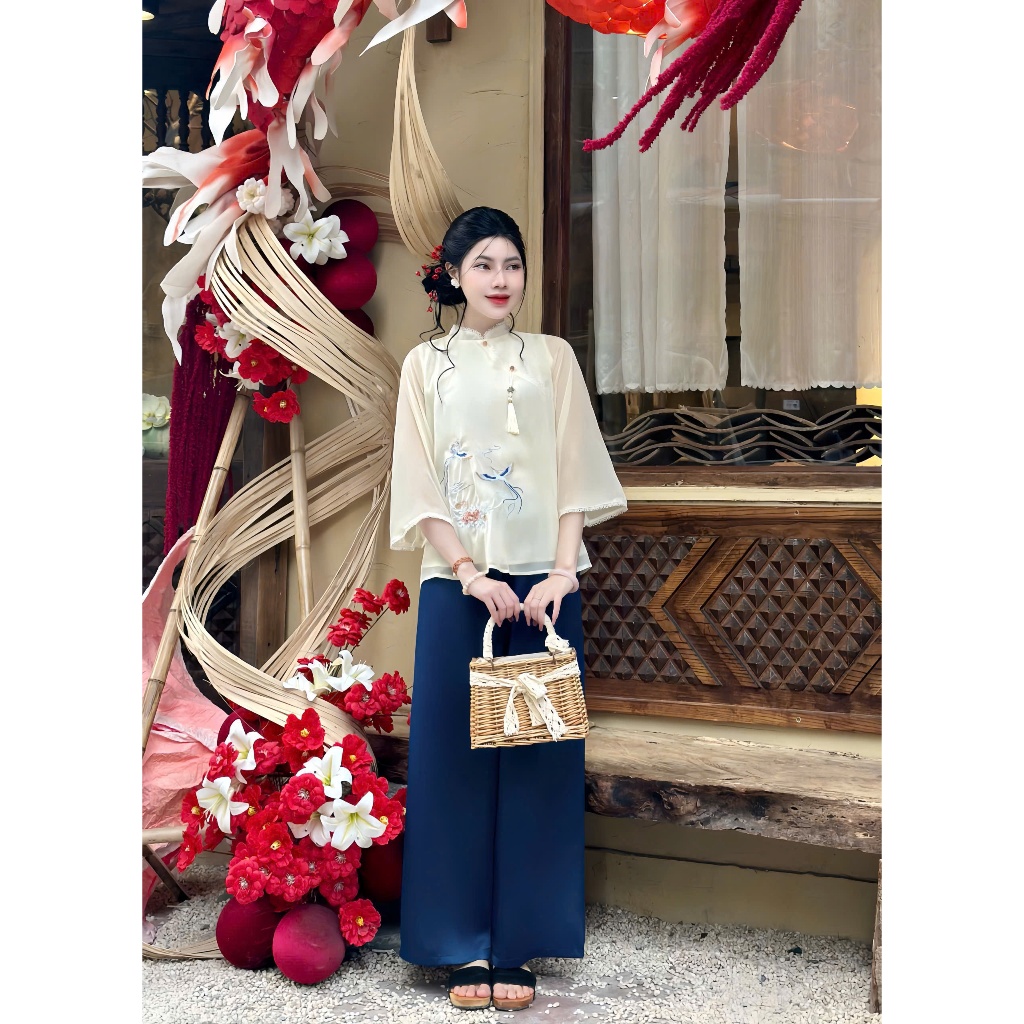 Pháp phục đi chùa cổ tàu phối ren voan tơ 2 lớp Bộ đi chùa tiểu thư tay lỡ thêu hoa Đồ lam cách tân mêm mát