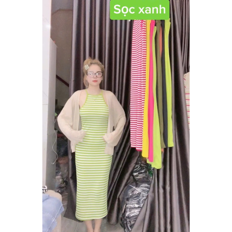 Váy body kẻ sọc cổ yếm , váy dây yếm sọc kẻ dáng xòe thời trang siêu tôn dáng