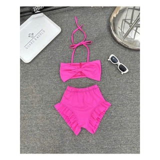 Bikini đi biển cho bé gái màu hồng 2 mảnh chất liệu dày dặn,đồ bơi bé gái 2 mảnh đính nơ size 10-30kg