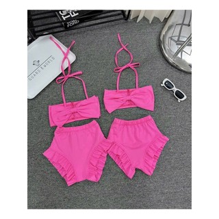 Bikini đi biển cho bé gái màu hồng 2 mảnh chất liệu dày dặn,đồ bơi bé gái 2 mảnh đính nơ size 10-30kg