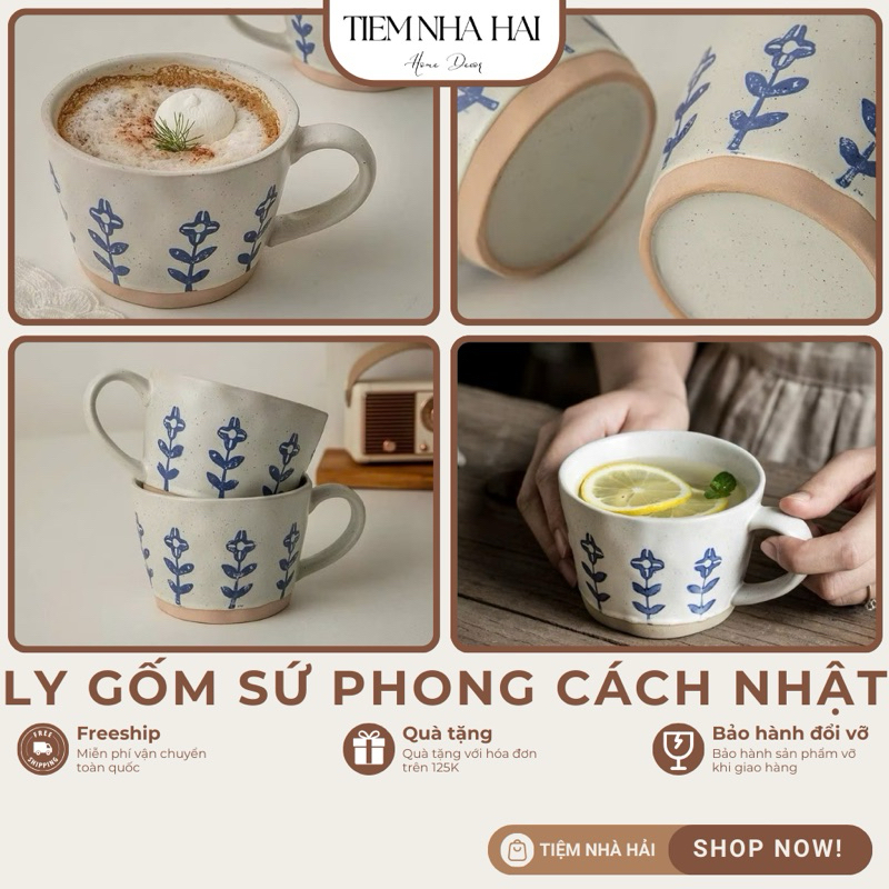 Ly Gốm Sứ Phong Cách Nhật Bản Vintage Họa Tiết Hoa Xanh, Cốc Sứ Dùng ...