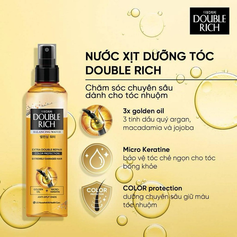 Nước xịt dưỡng tóc Double Rich, giúp bảo vệ tóc trước nhiệt độ cao khi sấy, bấm xù, làm xoăn.