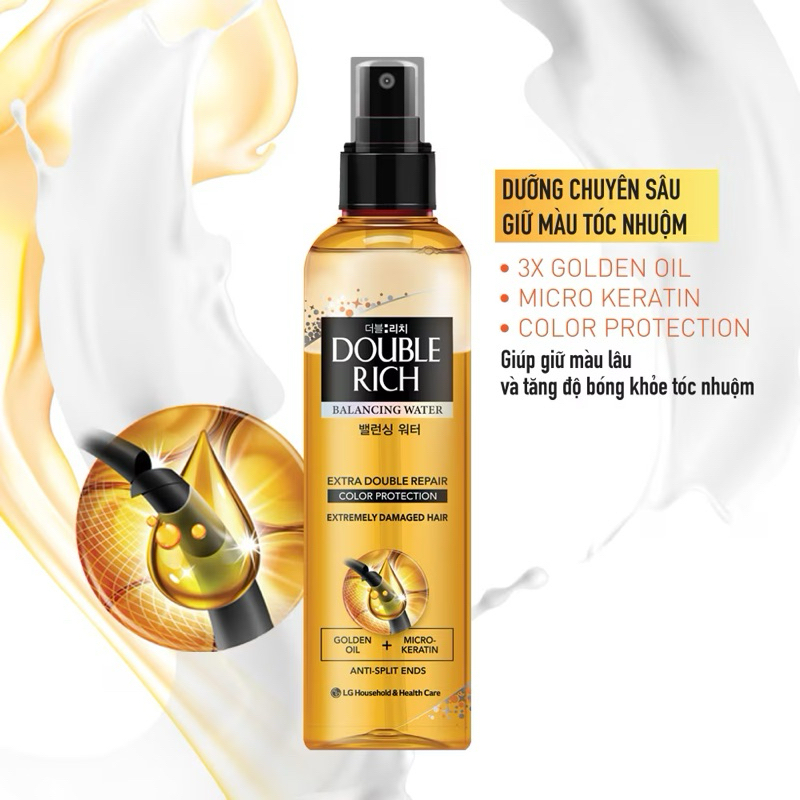 Nước xịt dưỡng tóc Double Rich, giúp bảo vệ tóc trước nhiệt độ cao khi sấy, bấm xù, làm xoăn.
