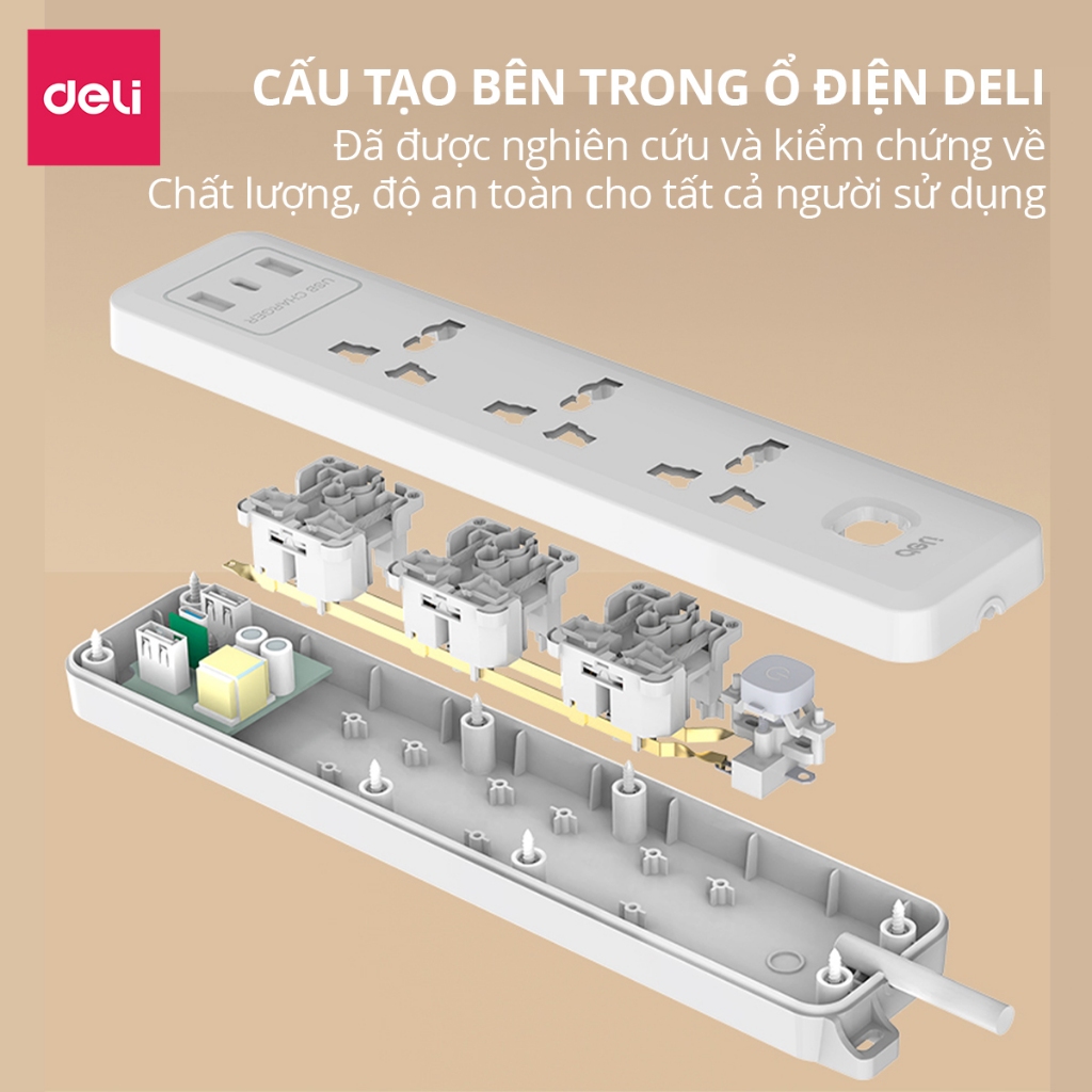 [HOẢ TỐC] Ổ Cắm Điện Hồng Trắng Đen 2026 Deli Ổ Điện Đa Năng Chống Cháy Nổ Ổ Cắm Điện Có Dây 2500W Cổng Sạc USB/ TypeC
