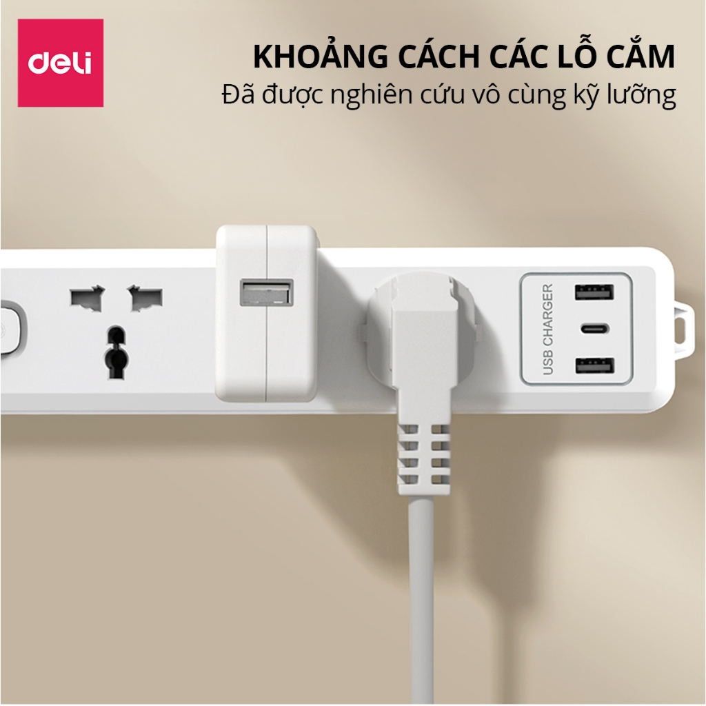 [HOẢ TỐC] Ổ Cắm Điện Hồng Trắng Đen 2026 Deli Ổ Điện Đa Năng Chống Cháy Nổ Ổ Cắm Điện Có Dây 2500W Cổng Sạc USB/ TypeC
