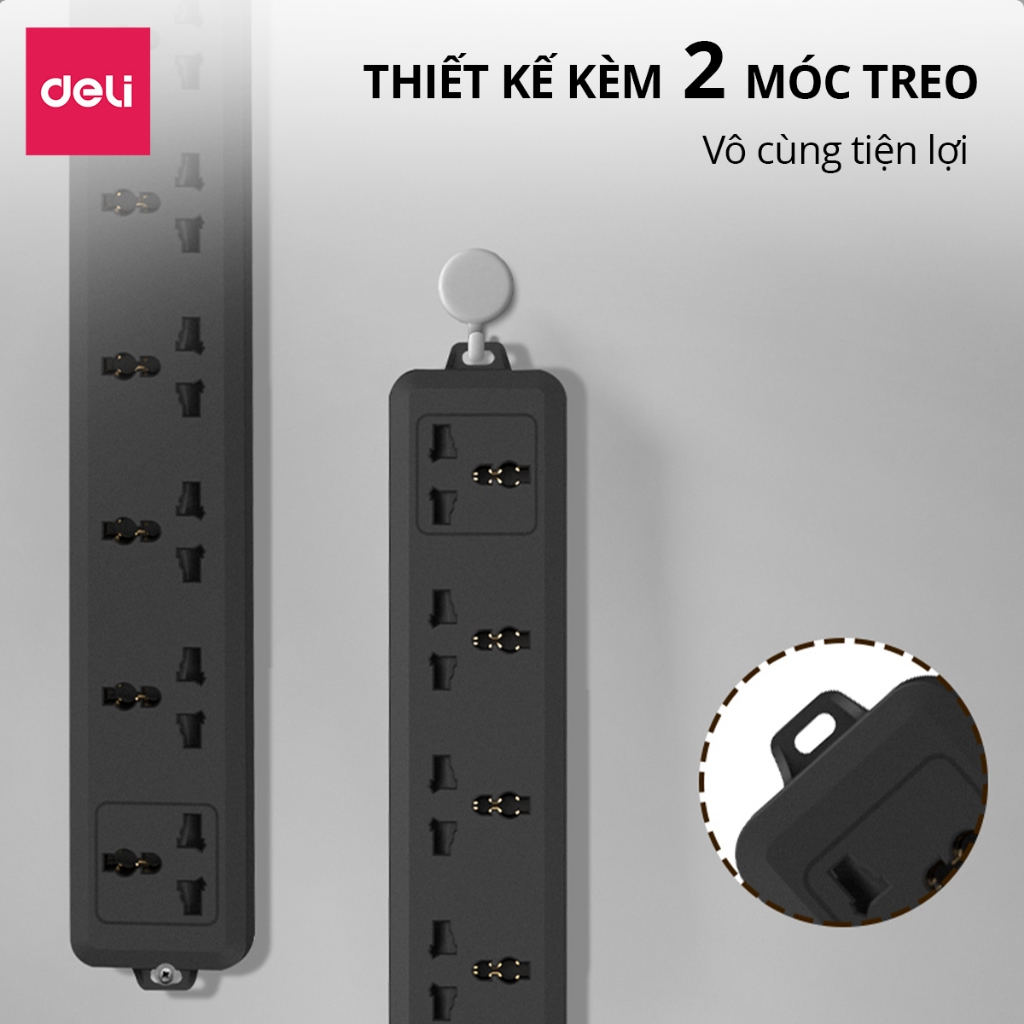 [HOẢ TỐC] Ổ Cắm Điện Hồng Trắng Đen 2026 Deli Ổ Điện Đa Năng Chống Cháy Nổ Ổ Cắm Điện Có Dây 2500W Cổng Sạc USB/ TypeC