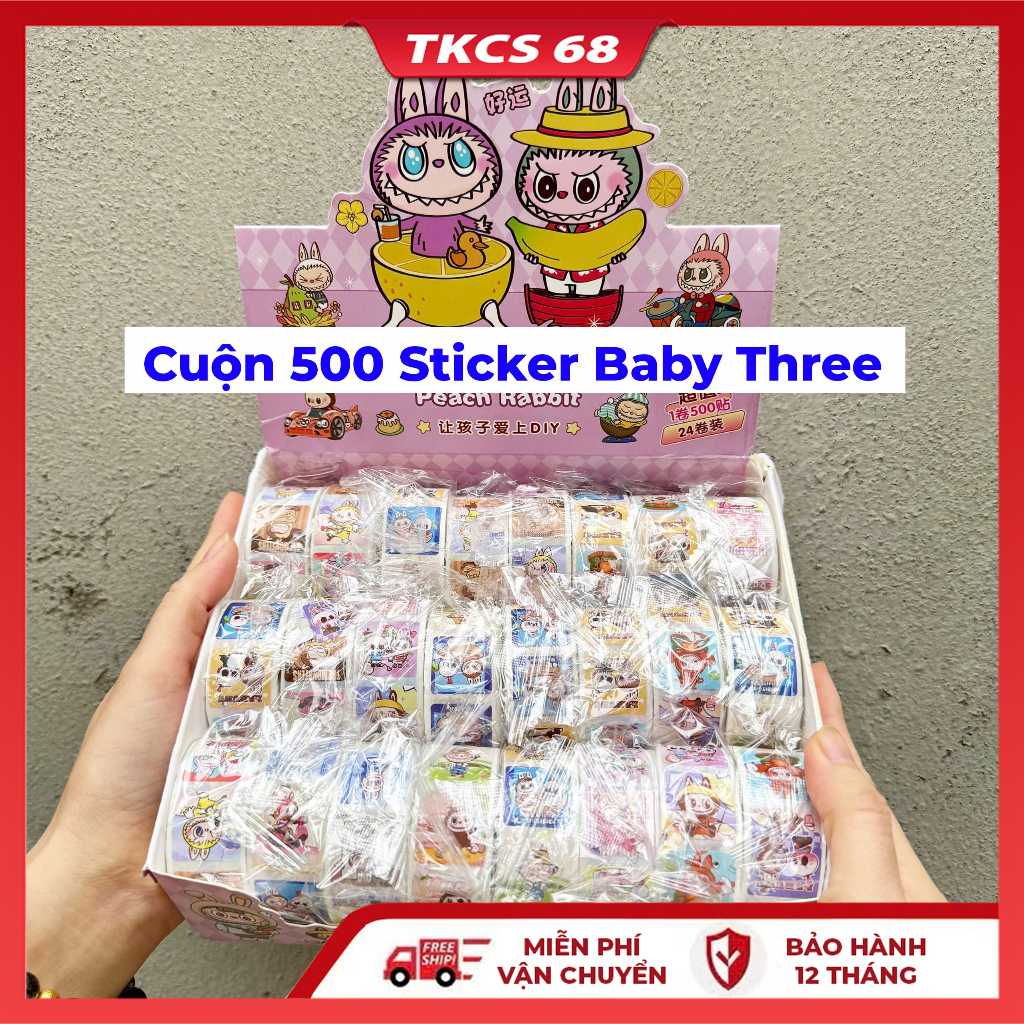 Cuộn 500 sticker baby three gói hàng nhiều mẫu mã, hình dán khen thưởng ...