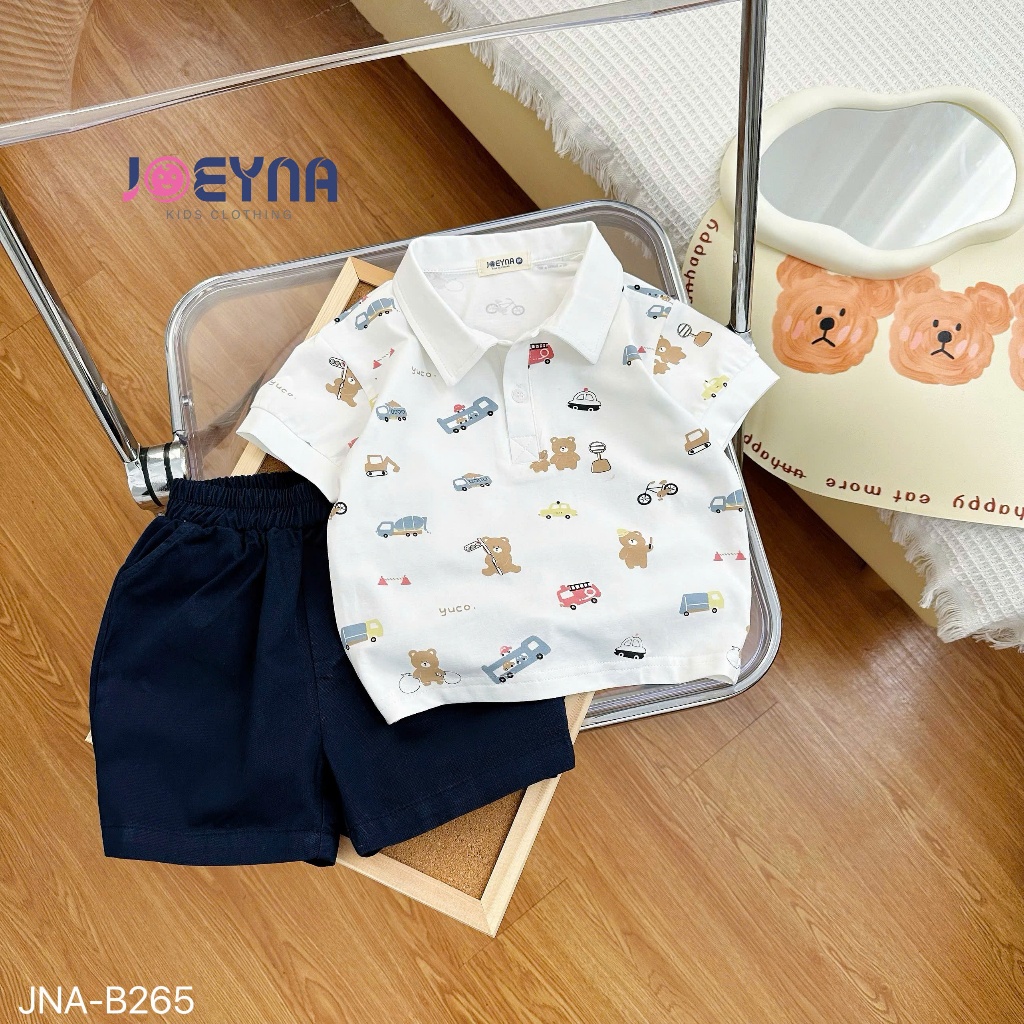 Bộ polo in tràn hoạ tiết gấu nâu ô tô cho bé trai, bộ phông cộc tay phối quần kaki cho bé Joeyna B265