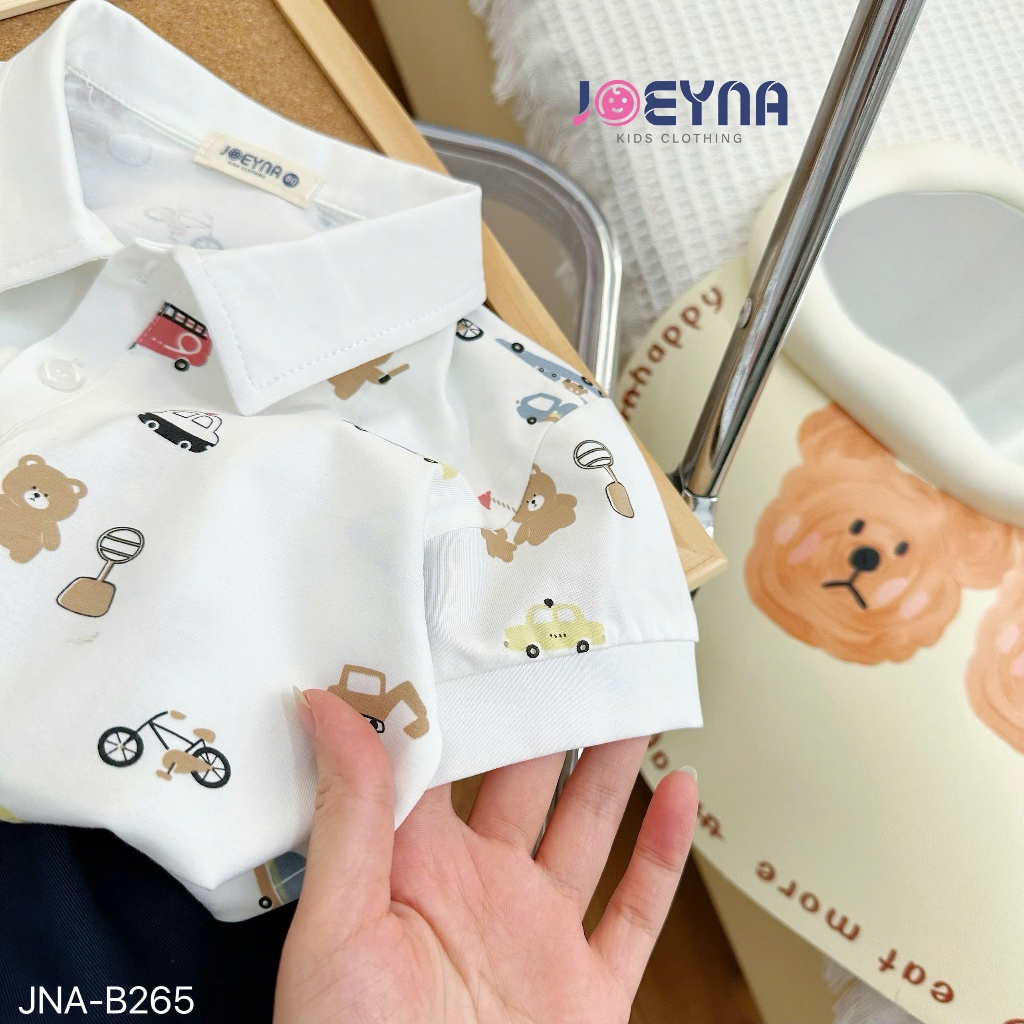 Bộ polo in tràn hoạ tiết gấu nâu ô tô cho bé trai, bộ phông cộc tay phối quần kaki cho bé Joeyna B265