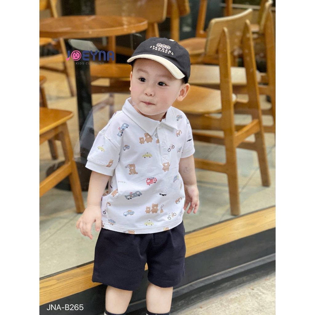 Bộ polo in tràn hoạ tiết gấu nâu ô tô cho bé trai, bộ phông cộc tay phối quần kaki cho bé Joeyna B265