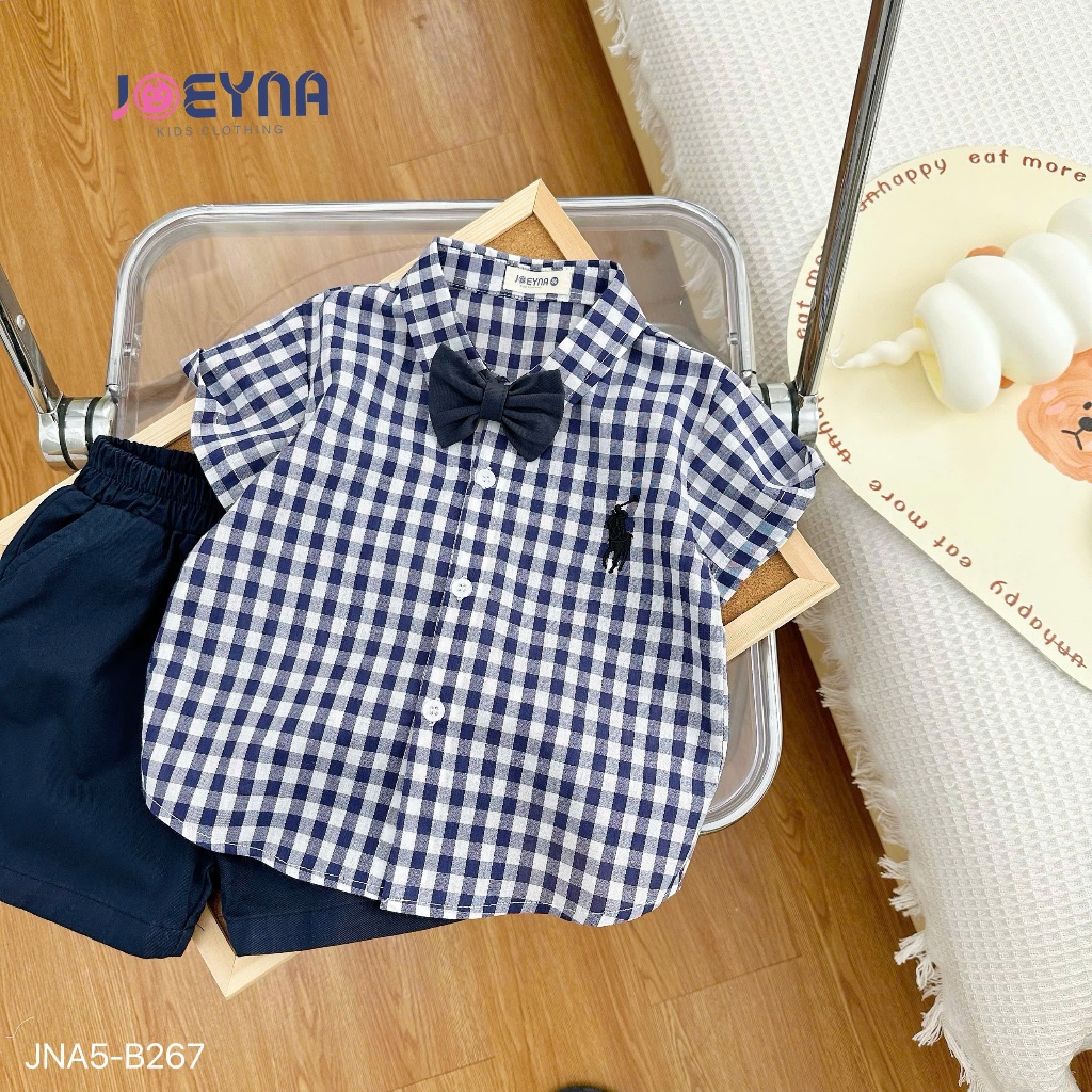 (tặng kèm nơ) Set bộ sơ mi cộc Joeyna B267 kẻ caro cho bé 8-23kg
