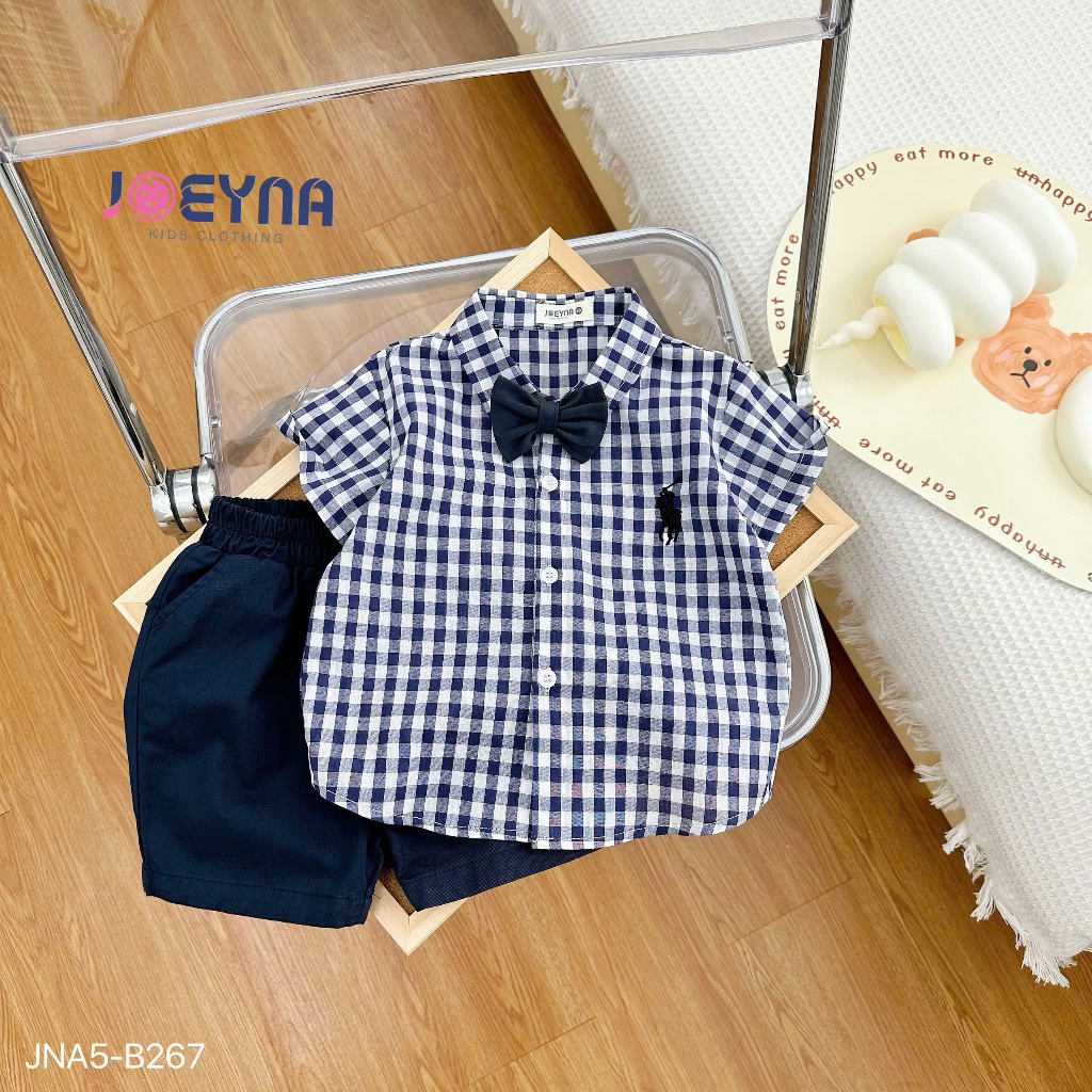 (tặng kèm nơ) Set bộ sơ mi cộc Joeyna B267 kẻ caro cho bé 8-23kg