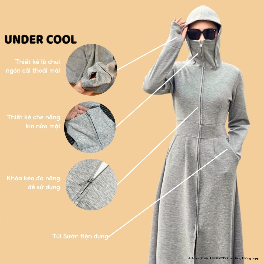 Áo Chống Nắng Dài Toàn Thân UNDERCOOL Umi dày dặn Co Giãn Thoáng Mát - Chống Nắng UPF50+ Nữ Dáng dài ACN04