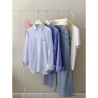 Áo Sơ Mi Dài Tay Kẻ Sọc Thêu Chữ SUNSHINE Sơ Mi Nữ Kẻ Xanh Màu Pastel Mặc Đi Chơi Đi Biển Cakecat