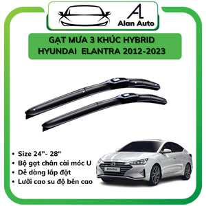 Gạt Mưa xe ô tô Hyundai Elantra 2012-2023, Cần Gạt mưa 3 khúc Hybrid Silicone theo xe. Bộ 2 cần gạt móc chữ U