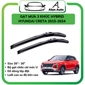 Gạt Mưa xe ô tô Hyundai Creta 2015-2024, Cần Gạt mưa 3 khúc Hybrid Silicone theo xe. Bộ 2 cần gạt móc chữ U