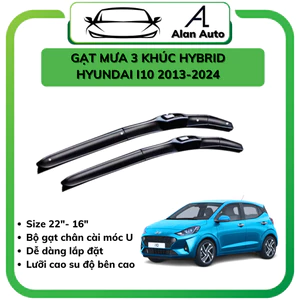 Gạt Mưa xe ô tô Hyundai i10 2013-2024, Cần Gạt mưa 3 khúc Hybrid Silicone theo xe. Bộ 2 cần gạt móc chữ U