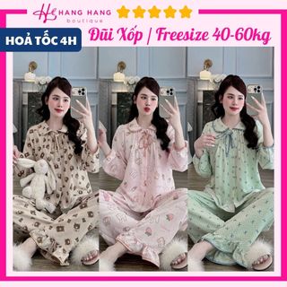 Đồ ngủ nữ 40-60kg, pijama dài tay cổ sen đũi lạnh mềm mát 60DD05, đồ bộ nữ đồ mặc nhà tiểu thư dễ thương