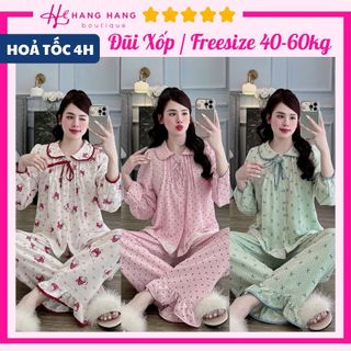 Đồ ngủ nữ 40-60kg, pijama dài tay cổ sen đũi lạnh mềm mát 60DD05, đồ bộ nữ đồ mặc nhà tiểu thư dễ thương