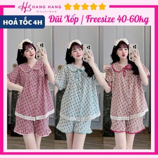 Đồ ngủ nữ 40-60kg, pijama đùi ngắn cổ sen đũi lạnh mềm mát 60CC15, đồ bộ nữ đồ mặc nhà tiểu thư caro dễ thương