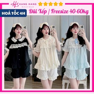 Đồ ngủ nữ 40-60kg, pijama đùi ngắn viền ren đũi xốp lạnh mềm mát 60CC21, đồ bộ nữ đồ mặc nhà tiểu thư trơn dễ thương